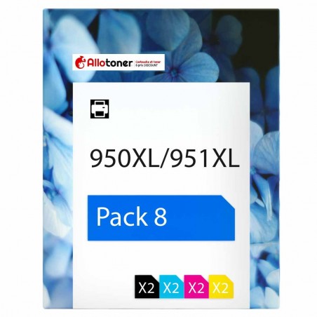 Pack de 8 cartouches compatibles 950XL/951XL HP 2 noirs, 2 cyan, 2 magenta, 2 jaune