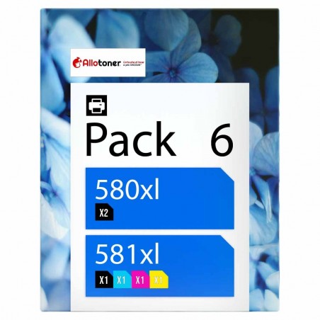 compatible Canon PGI-580 CLI-581 Pack de 6 cartouches d'encre Noir, Noir pigmenté , Cyan , Magenta , Jaune